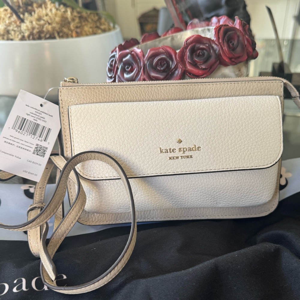 Kate Spade Leila Small Flap Crossbody Bag in Tan & Cream.